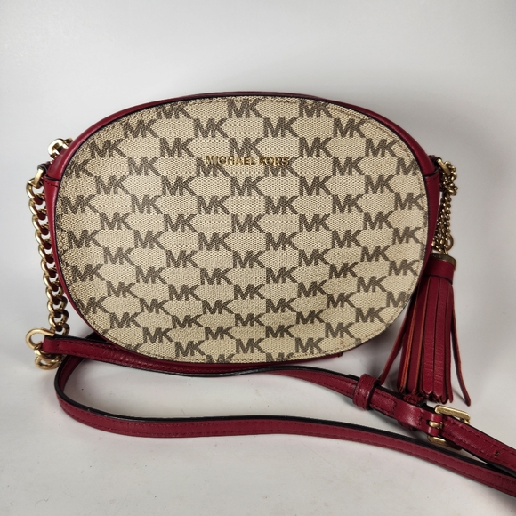 Michael Kors Handbags - MICHAEL KORS Ginny Crossbody Bag Red Gold Chain Leather Signature Charm